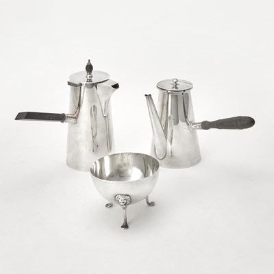 Lot 159 - Two Silver Plated Demitasse Coffee Pots and a Sterling Silver Sugar Bowl