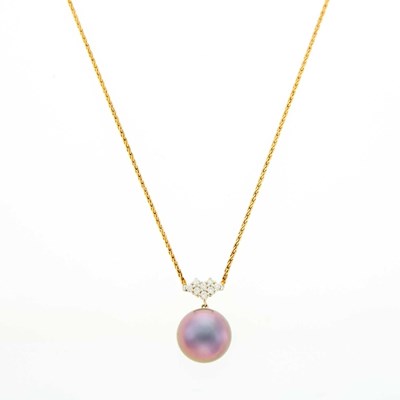 Lot 1201 - Two-Color Gold, Tahitian Gray Cultured Pearl and Diamond Pendant-Necklace