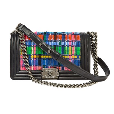 Lot 1190 - Chanel Black Lambskin Leather and Woven PVC Boy Bag