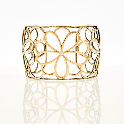 Lot 1228 - Tiffany & Co. Wide Silver, Rose Gold and Diamond 'Garden' Cuff Bangle Bracelet