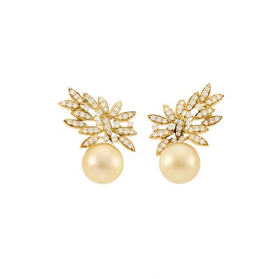 Lot 1097 - Attributed to Hueb Pair of Gold, Golden Cultured Pearl and Diamond Pendant-Earirngs