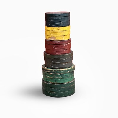 Lot 1182 - Six Painted Bentwood Lapped Seam Boxes