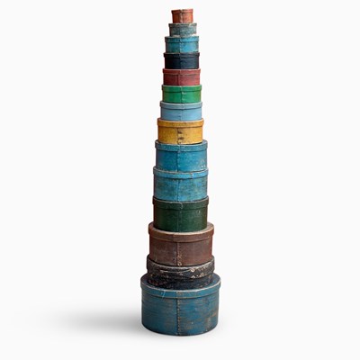 Lot 1187 - Fourteen Painted Circular Bentwood Pantry Boxes