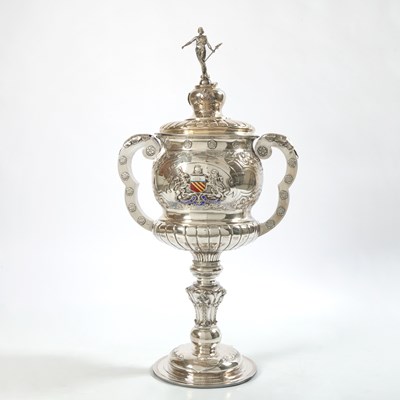 Lot 189 - Edward VII Sterling Silver and Enamel Massive Covered Two Handled Trophy Cup