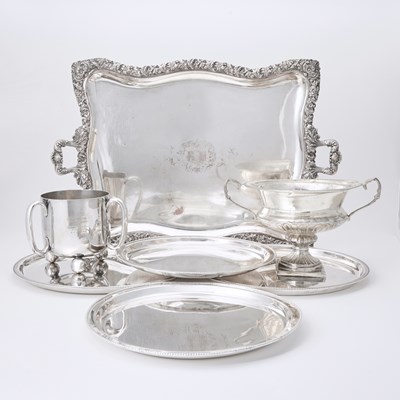 Lot 179 - English Silver Plated Loving Cup and Group of Silver Plated Trays