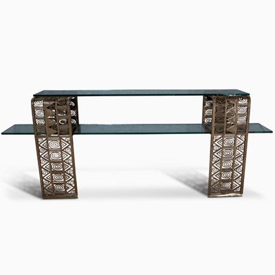Lot 255 - Edgar Brandt Style Iron and Glass Wall Mounted Console
