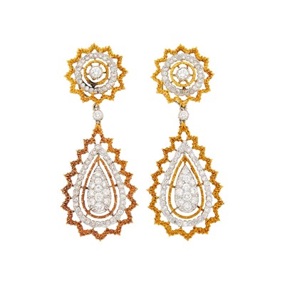 Lot 91 - Buccellati Pair of Two-Color Gold and Diamond Pendant-Earrings and Convertible Pendant-Necklace and Earrings