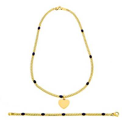 Lot 2041 - Gold and Cabochon Lapis Necklace with Heart Pendant and Bracelet