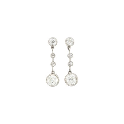 Lot 1055 - Pair of Platinum and Diamond Pendant-Earrings