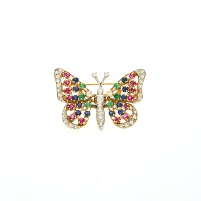 Lot 2163 - Two-Color Gold, Gem-Set and Diamond Butterfly 'En Tremblant' Brooch