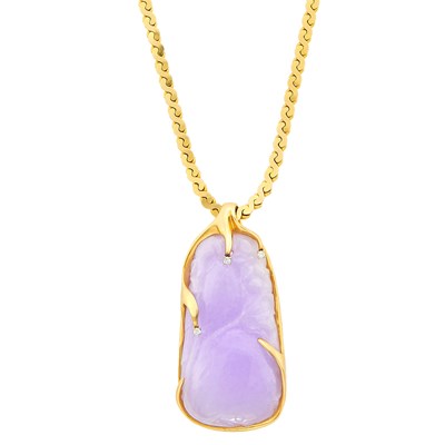 Lot 2174 - Gold, Carved Lavender Jade and Diamond Pendant with Chain Necklace