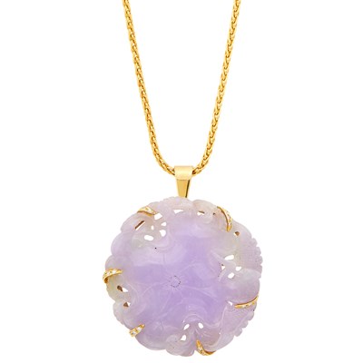Lot 2145 - Gold and Carved Lavender Jade and Diamond Pendant with Chain Necklace
