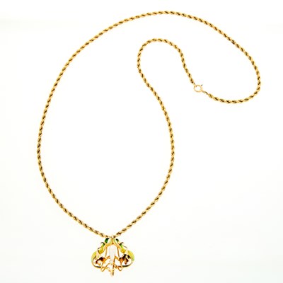 Lot 2131 - Art Nouveau Gold, Enamel, Pearl and Diamond Pendant-Brooch with Rope-Twist Chain Necklace