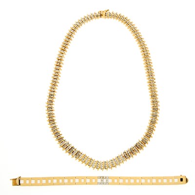 Lot 2179 - Two-Color Gold and Diamond 'A' Bracelet and Gilt-Metal and Diamond Necklace