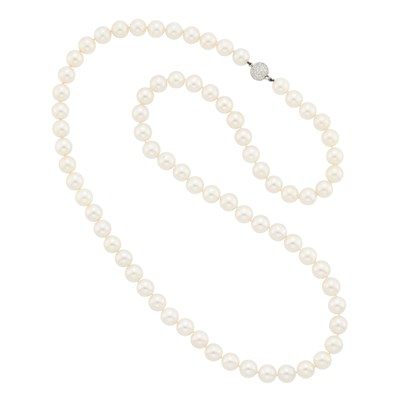 Lot 1038 - Long Cultured Pearl Necklace with White Gold and Diamond Clasp