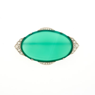 Lot 2079 - Art Deco Platinum, Green Onyx and Diamond Brooch