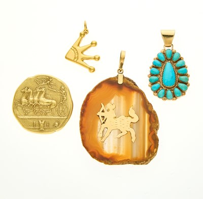 Lot 2230 - Four Gold, Agate and Turquoise Pendants