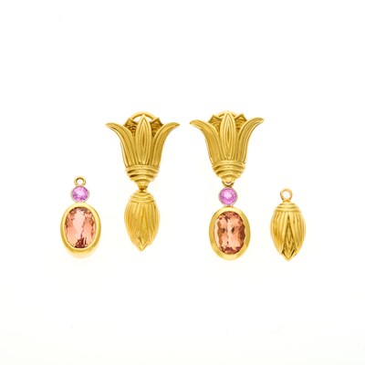 Lot 2218 - Pair of Gold Pendant-Earrings with Interchangeable Topaz and Pink Sapphire Ear Pendants