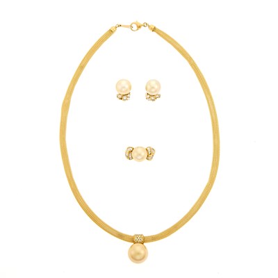 Lot 2136 - Gold, Golden Cultured Pearl and Diamond Necklace, Ring and Pair of Earrings