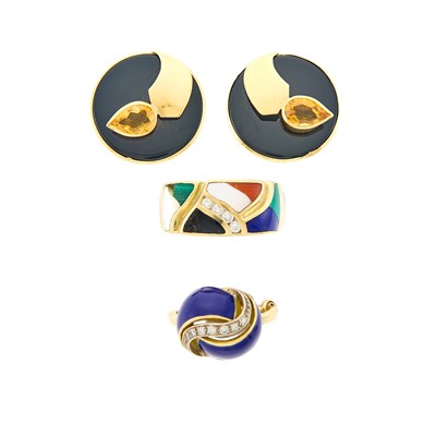 Lot 2244 - Group of Gold, Hardstone, Blue Enamel, Citrine and Diamond Jewelry