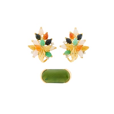 Lot 2243 - Gold, Nephrite and Diamond Ring and Pair of Multicolored Jade and Diamond Earrings