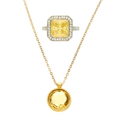 Lot 2219 - Platinum, Simulated Yellow Stone and Diamond Ring and Gold and Citrine Pendant