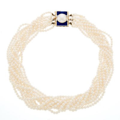 Lot 2198 - Ten Strand Cultured Pearl Torsade Necklace with Gold, Mabé Pearl, Lapis and Diamond Clasp