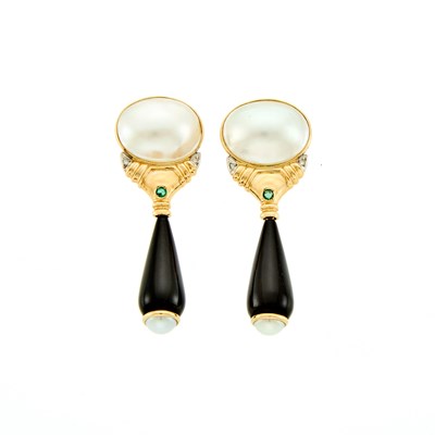 Lot 2246 - Pair of Gold, Black Onyx, Mabé Pearl, Emerald and Diamond Pendant-Earrings