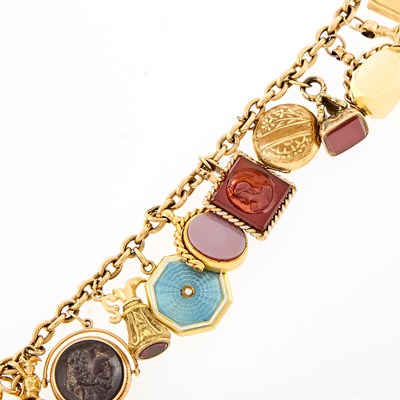 Lot 1168 - Antique Gold, Gold-Filled, Silver-Gilt and Hardstone Fob Charm Bracelet