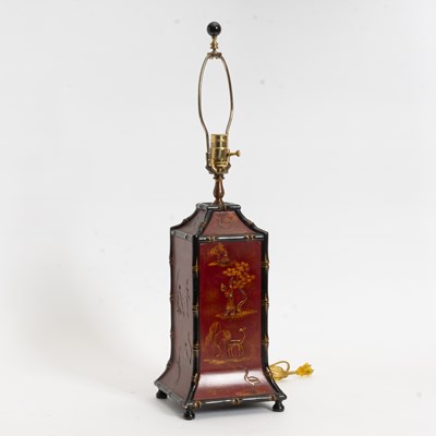 Lot 35 - Regency Style Red Lacquer Chinoiserie Decorated Wood Table Lamp