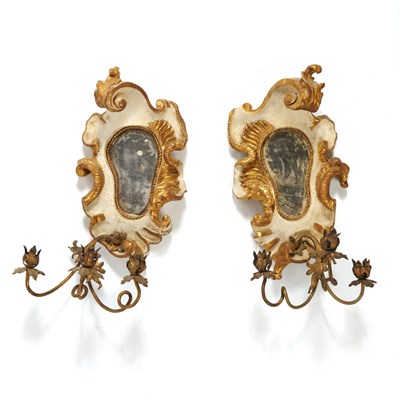 Lot 255 - Pair of Italian Rococo Parcel-Gilt and Carved Painted Wood Three-Branch Wall-Lights
