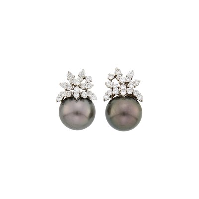Lot 1099 - Pair of White Gold, Tahitian Gray Cultured Pearl and Diamond Earclips