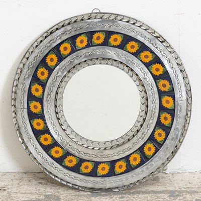 Lot 308 - Circular Southwest Style Metal and Tile Mirror
