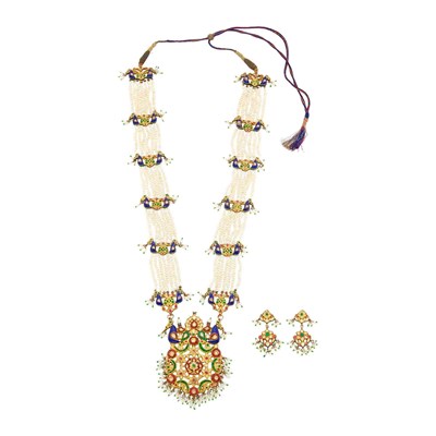 Lot 1113 - Indian Multistrand Freshwater Pearl, Gold, Foil-Backed Diamond and Gem-Set and Jaipur Enamel Pendant-Necklace and Pair of Pendant-Earrings