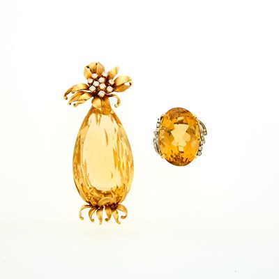 Lot 2093 - Gold, Citrine and Diamond Flower Pendant-Brooch and Ring
