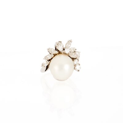 Lot 1133 - White Gold, Semi-BaroqueCultured Pearl and Diamond Ring
