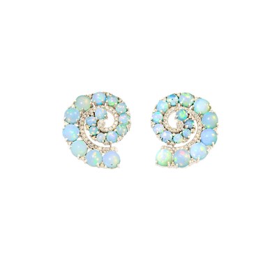 Lot 1111 - Pair of Silver, Opal and Diamond Spiral Earrings