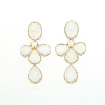 Lot 1210 - Pair of Silver, Moonstone and Diamond Pendant-Earrings
