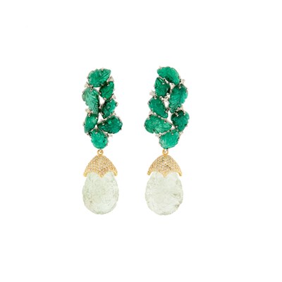 Lot 1079 - Pair of Silver, Carved Emerald and Green Quartz and Diamond Pendant-Earrings