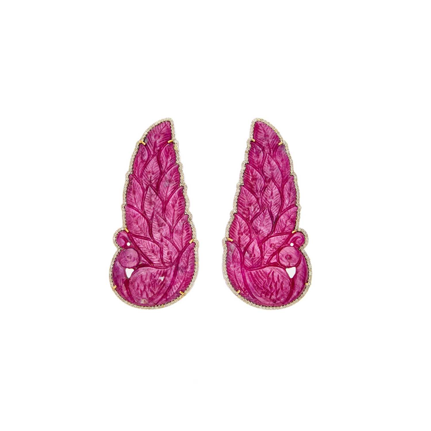 Lot 2228 - Pair of Silver, Carved Ruby and Diamond Peacock Earrings
