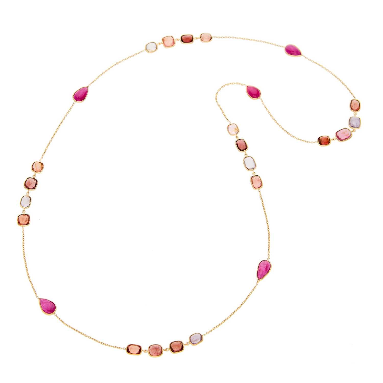 Lot 2226 - Gold, Multicolored Spinel and Cabochon Ruby Chain Necklace