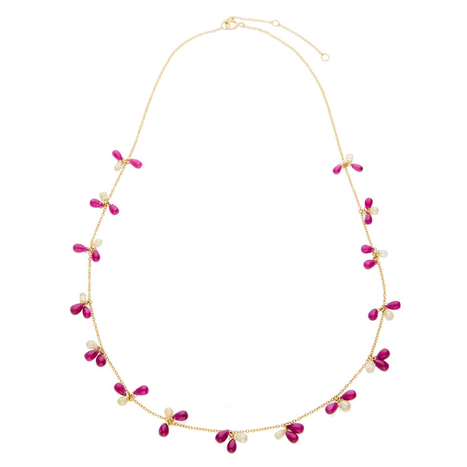 Lot 2230 - Gold, Ruby Bead and Colored Diamond Briolette Fringe Necklace