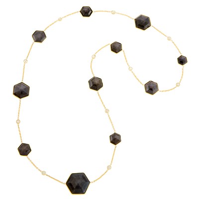 Lot 1175 - Gold, Black Sapphire and Diamond Necklace
