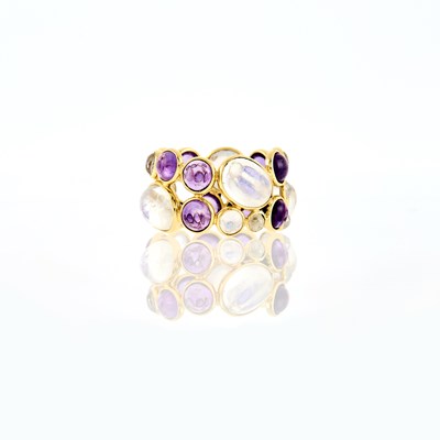 Lot 1096 - Gold, Cabochon Amethyst, Moonstone and Diamond Band Ring