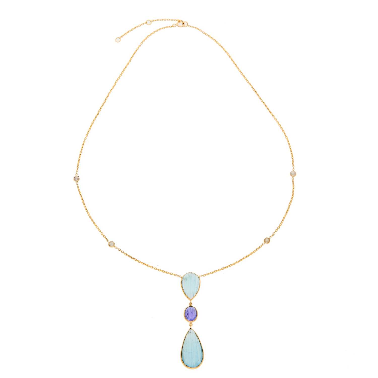 Lot 2266 - Gold, Fluted Aquamarine, Cabochon Tanzanite and Diamond Pendant-Necklace