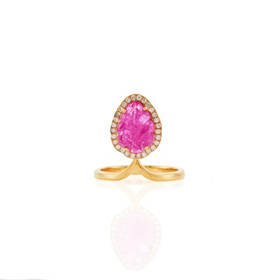 Lot 1189 - Rose Gold, Carved Ruby and Diamond Ring