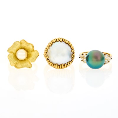 Lot 2182 - Two Gold, Mabé Pearl and Cultured Pearl Rings and Gilt-Metal, Dyed Cultured Pearl and Simulated Diamond Ring