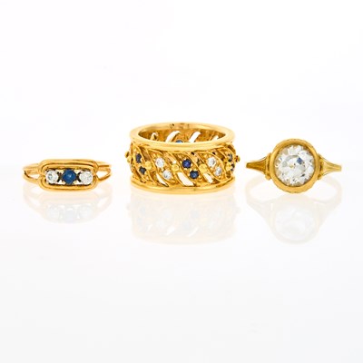 Lot 2247 - Two Gold, Sapphire and Diamond Rings and Colorless Spinel Ring
