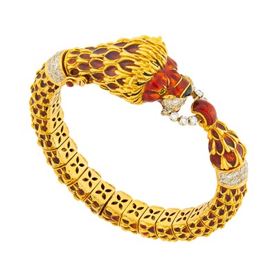 Lot 1102 - Frascarolo Gold, Enamel and Diamond Lion Bangle Bracelet