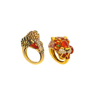 Lot 1100 - Frascarolo Two Gold, Enamel and Diamond Panther and Ram's Head Rings
